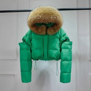 Big Real Raccoon Fur Hooded Waterproof Winter Short Puffer Coat Sleeves Detachable Women Duck Down Jacket Female Parkas