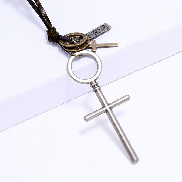 Collar con colgante de cruz de Jesús con anillo grande, collares de cuero de cadena ajustable para mujeres y hombres, regalo de joyería de moda Punk