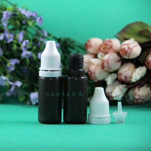 Gran oferta, 10 ML, 100 Uds., botellas cuentagotas de plástico de Color negro LDPE con tapas a prueba de manipulaciones, puntas seguras para apretar el Vapor, pezón fino Cotfx