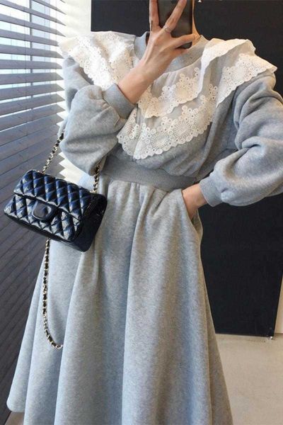Grande vente automne et hiver décontracté lâche femmes robe couture Plaid grande taille collège Style coton 210615