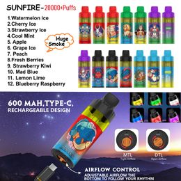 Big Big Sale Price Sunfire Stars 20000 Puffs desechables Vape Vapor recargable Vapor E CIFIGETTE E CIGARETO KIT 12 Sabores LED Control de flujo de aire LED Alemania Francia