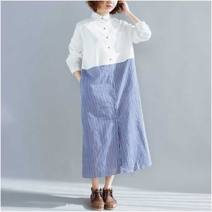 Grote verkoop lente en zomer korea vrouwen shirts katoen linnen casual lange shirt jurk patchwork turn-down kraag 210615