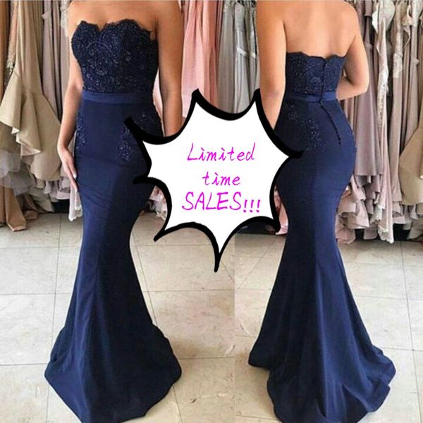 Grandes ventes ! Robe de demoiselle d'honneur élégante sirène bleu marine longue chérie sans manches en dentelle Appliques fermeture éclair dos robe d'invité de mariage avec ceinture