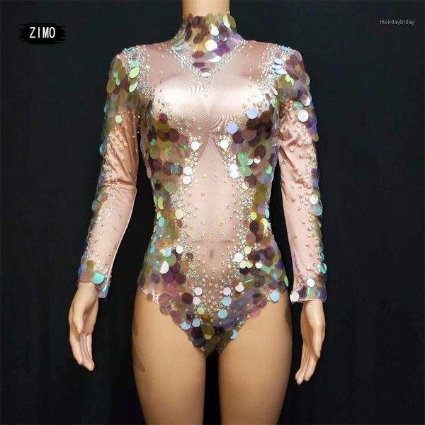 Big Sequin Body de manga larga para mujer Sexy Legging Crystal Club Party Costume Stage Performance Rhinestone Stretch Rompers Monos de mujer