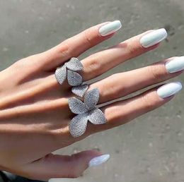 Big Silver Color Flower Leaf verstelbare ring met bling -diamant voor vrouwen bruiloft enbeagement mode sieraden 2022 trend