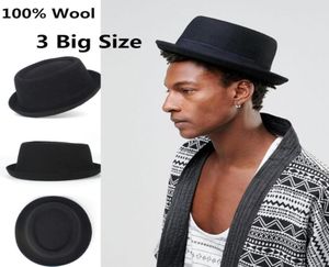 Chapeau Fedora noir en laine pour hommes, grande taille, 100, pour papa, chapeau Fedora, bol plat, Top Porkpie, Jazz4204209