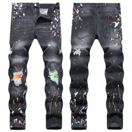 Big size 40 42 Europa fi stijl Mannen Jenas Denim Broek Gedrukt streep gat skinny Broek Slanke zwarte jeans voor man 1151 w0xz #