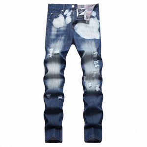 Grande taille 40 42 Europe style fi hommes Jenas Denim pantalon imprimé trou à rayures pantalon skinny jean bleu slim pour mari 8816 07rI #