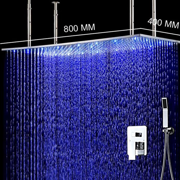 Cabezal de ducha de lluvia led cepillado de gran tamaño 400 800mm, juego de ducha de techo rectangular de acero inoxidable 304, latón frío chrom271G