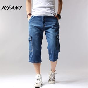 Tamaño grande 42 44 Denim Jeans Hombres Pantalones cortos Multibolsillos Cargo Casual Sólido Pantalones cortos sueltos Verano Longitud de la rodilla Pantalones cortos Hombres 1127 T200512