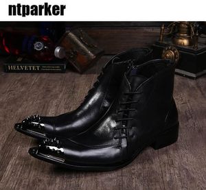 Bottines courtes à la cheville pour hommes, grande taille 45/46, noires, hauteur augmentée, bout en fer, fermeture éclair, chaussures occidentales pour hommes!