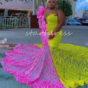 Robe de bal grande taille Blak Girl, robe de soirée sirène à paillettes contrastées, asymétrique épaule dénudée, manches longues, jaune rose, robes de fête d'anniversaire formelles, grande taille, 2024