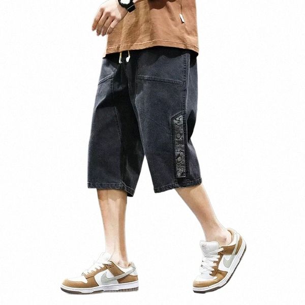Grande taille Denim Shorts hommes été Streetwear Fi mâle Jean Shorts Y2k Baggy grande taille 3/4 Lg noir jambe large Style coréen A5y0 #