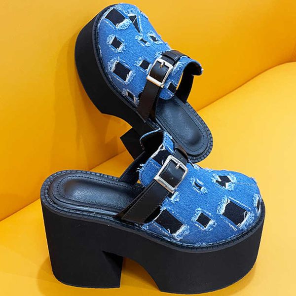 Grande taille mode compensées femmes sandales Denim bout rond boucle dames pompes sandales pantoufles sans lacet femmes talons chaussures Mules 0316