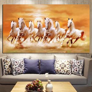 Big Size HD Print Artistieke Dieren Zeven Running White Horse Olieverfschilderij op Canvas Moderne Muurschildering voor Woonkamer Cuadros LJ201128