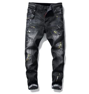 Pantalones vaqueros ajustados de talla grande para hombre, estilo agujero de pintura para hombre, ajustados, pierna recta, lavados, de lujo, informales, regulares, pantalones de mezclilla, pantalones 1010