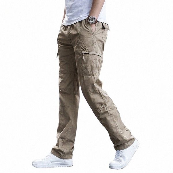 Pantalon cargo pour hommes de grande taille Nouveau printemps Pantalon d'été Pantalon de travail à jambe droite Hommes Casual Loose Cott Salopette Côté Multi Poches o7XR #