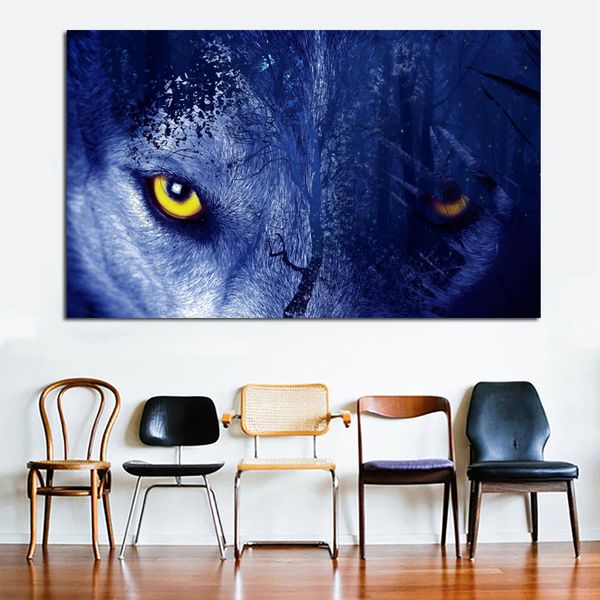 Grande taille affiche impression bleu loup toile peinture Animal mur photos pour salon moderne décoratif peinture sans cadre