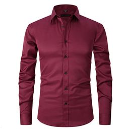 Big Size S-8XL Mens Casual Shirts Solid color stretch cloth men long sleeve fashion shirt slim top Black white wine red Polyester tops breathable Clothes 06a