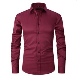 Big Size S-8xl Mens Shirts décontractés Couleur solide Tissu de tissu extensible Men de mode à manches longues Slim Top Noir Blanc White Rouge Polyester Tops Vêtements respirants E65 A4E