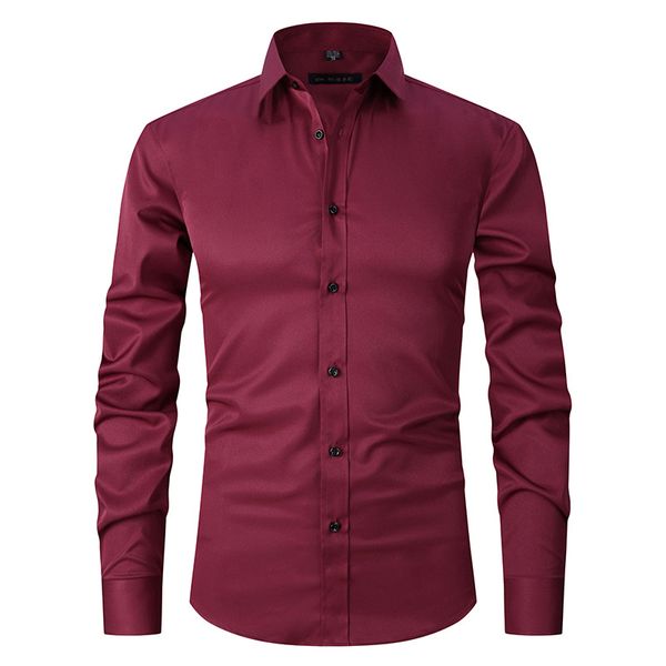 Big Size S-8xl Mens Shirts décontractés Couleur solide Tissu de tissu extensible Men de mode à manches longues Slim Top Black White Vin Polyester rouge