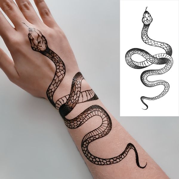 Autocollants de tatouage temporaires de grande taille serpent noir imperméable faux tatouages femmes hommes clavicule bras corps Art foncé serpent transfert Tatoo