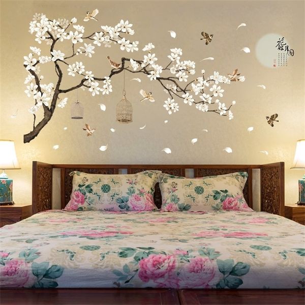 Grande taille arbre stickers muraux oiseaux fleur décor à la maison fonds d'écran pour salon chambre bricolage vinyle chambres décoration 187 * 128 cm 220217