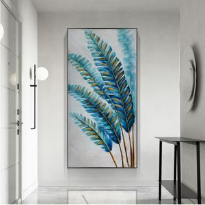 Cuadros de pared de gran tamaño, pósteres con estampado de plumas azules, pinturas en lienzo de arte abstracto para sala de estar, decoración nórdica