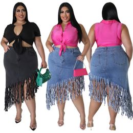 Grande taille femmes jupe en jean 4XL 5XL mode glands taille haute lavé extensible jupe décontractée vêtements d'été 231228