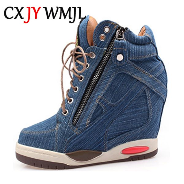 Grande taille femmes Denim compensées baskets automne plate-forme chaussures décontractées mode femme côté fermeture éclair vulcanisé chaussure fond épais Sneaker C1011