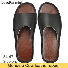 Grandes tailles véritables pantoufles en cuir de vache maisons à la pantoufle intérieure d'été sandales orteils ouverts hommes femmes