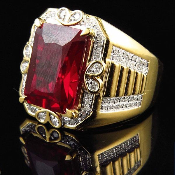 Grand carré rouge cristal rubis Zircon diamant pierres précieuses anneaux pour hommes femmes 18k couleur or Bague bijoux accessoires de fête à la mode