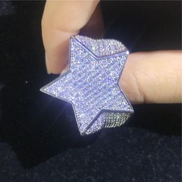 Big Star Hiphop Ring White Gold rempli Micro Pave Full 500PCS 5A CZ Party Anniversary Band Rings for Men Fashion Rock Jewelry WKQEF