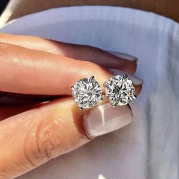 Grote Steen Vier klauwen 5-9mm Ronde Gesimuleerde Diamanten Oorbellen voor Vrouwen Mannen vrouwelijke Echte 925 zilveren Oorknopjes Sieraden