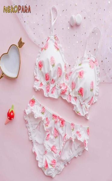 Big Strawberry Mignon Japonais Lait Soie Soutien-Gorge Culotte Ensemble Fil Doux Sous-Vêtements Sommeil Intimates Ensemble Kawaii Lolita Couleur Blanc67195957547737