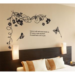 Grand Sticker Mural Noir Fleur Vigne Papillon 47 * 27IN Amovible Creative Stickers 210420