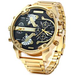 Grande Montre Hommes De Luxe En Acier Doré Bracelet Hommes Montres À Quartz Double Fuseau Horaire Militaire Relogio Masculino Casual Horloge Homme XFCS 210329