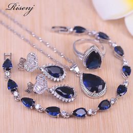 Big Water Drop Blue Stone Zilveren Kleur Sieraden Voor Vrouwen Bruids Sieraden Stud Oorbellen Ring Necklace Armband Set In Store H1022