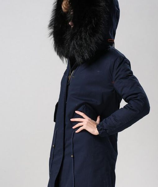 Plus grande taille fourrure noire garniture à capuche femmes manteaux Meifeng marque noir fourrure de lapin doublure bleu marine longues parkas