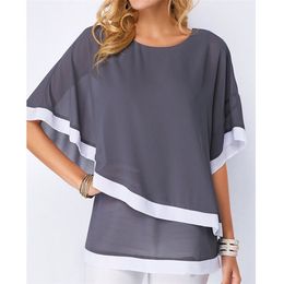 BigSweety Summer Chiffon T-shirts Dames Bat Sleeves Onregelmatige T-shirt Dameskleding Stitching Halve Mouw Tee Top 210623