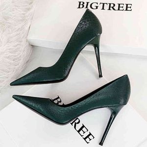 Bigtree schoenen 2022 hete dames pompen groen kaki zwart puntige teen hoge hakken dames schoenen sexy nachtclub stiletto hakken feestschoen g220516