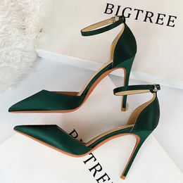 BIGTREE chaussures vert bleu femmes pompes mode bureau Sexy talons hauts soie talon aiguille sandales grande taille 43 240322
