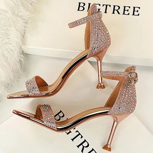 Zapatos BIGTREE, tacones altos con diamantes de imitación, zapatos de tacón para mujer, zapatos de fiesta sexis con tacones de gatito, sandalias con punta abierta para mujer, zapatos de boda con tacón de aguja 240129