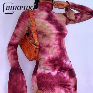 Biikpiikwomen Tie Dye Print Sexy Clubwear DrSplit Casual Dames Mini Jurken Bodycon Party Wear Basic Streetwear 2021 Clothes X0529