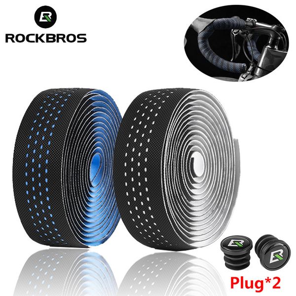 Composants de guidon de vélo ROCKBROS Ruban de guidon de route avec bouchon anti-poussière PU Poignée de vélo antidérapante Enroulement EVA Soft Speed Bike Bar Tape Grips Accessoires 230614