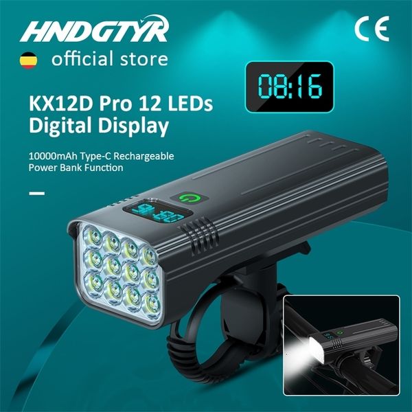 Lumières de vélo 12 LED lumière de vélo Max 5000LM indicateur numérique lampe de poche rechargeable USB pour phare 18650 batterie lampe de cycle VTT 231005