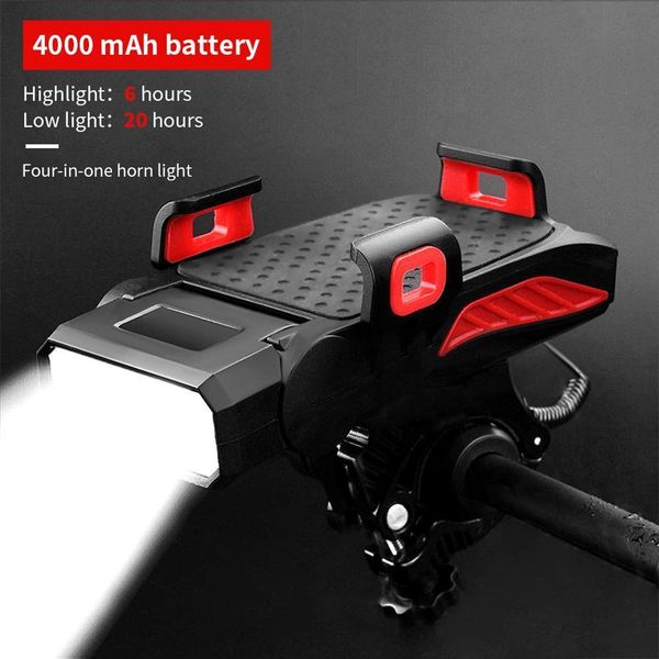 Luces de bicicleta 4in1 Soporte para teléfono móvil Faro Cuerno Conveniente Bicicleta portátil USB Carga Accesorios de luz 221201