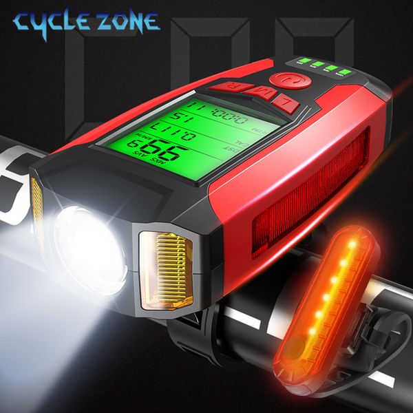 Luces de bicicleta 5 en 1 Luz USB Carga Bicicleta con computadora LCD Velocímetro Odómetro Modos impermeables Cuerno Ciclismo Lámpara 230825