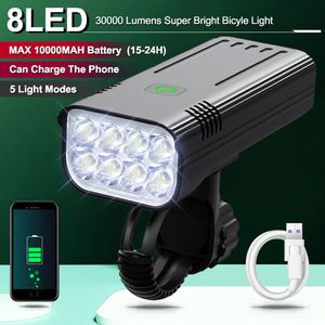 Luces de bicicleta 8LED 30000LM Ultra brillante luz de bicicleta USB recargable LED faro impermeable 10000mAh potente linterna Led 230204