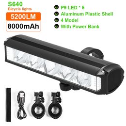 Luces de bicicleta Luz de bicicleta 8000mAh 5 LED Linterna frontal recargable 5200LM Faro con accesorios de banco de energía 230525